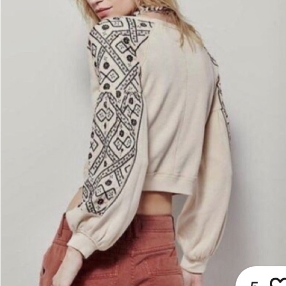 Free People Cream and Black Embroidered Sweatshirt - Picture 2 of 11